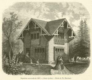 Universell utstilling fra 1867, tyrolsk hytte (gravering) av French School
