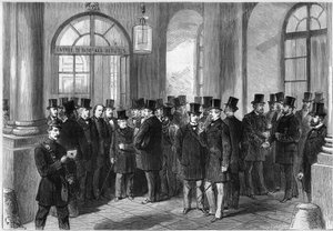 Forlengelse av presidentperioden til marechalen til Mac-Mahon (Mac Mahon), etablering av septennaten i Frankrike, november 1873: utsikt over inngangsdøren til Assembllee de Versailles, på dagen for diskusjonen om prorogasjonen. Fra venstre til høyre av French School