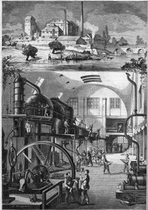 Utvendig utsikt og hovedverksteder til det store sukkerraffineriet Les Recollets, eid av Mr. Cedard i Nantes i 1864. Gravering i “” Le Monde Illustré”” nr. 380 av 23. juli 1864. av French School