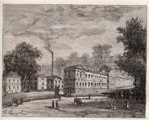 Utvendig visning av Imperiale Porselensfabrikk i Sevres, bygget i parken Saint Cloud etter planene til arkitekten Laudin - gravering i "Frankrike illustree: geografi, historie, statistisk administrasjon" av V.-A. Malt-brun. 1884 av French School