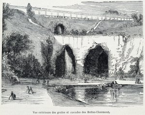 Utvendig utsikt over kaskadene og hulene i Buttes Chaumont, gravering fra 1800-tallet av French School