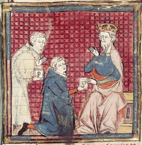 F.117r Messengers som forteller Karl den Store om seieren over saracenerne, fra Grandes Chroniques de France, 1375-79 av French School