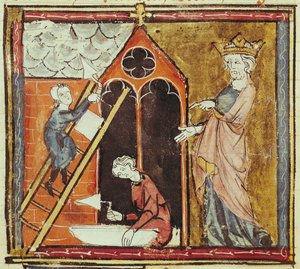 F.235v Kong Ludvig VI (1080-1137) Ser på byggingen av en kirke, fra Grandes Chroniques de France 1375-79 av French School