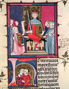 F.39r Conjugal Law, en utro kone som møter i retten, fra Justiniani i Fortiatum av French School