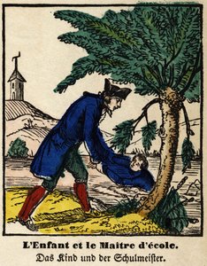Fables de La Fontaine: barnet og skolemesteren. Bilde av Epinal, første halvdel av 1800-tallet av French School