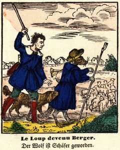 Fables de La Fontaine: ulven ble gjeter. Bilde av Epinal, første halvdel av 1800-tallet. av French School