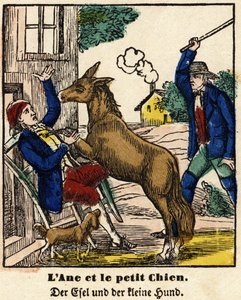 Fables of La Fontaine: eselet og den lille hunden. Bilde av Epinal, første halvdel av 1800-tallet av French School