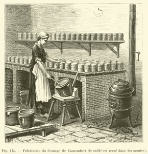 Produksjon av Camembert ost, vaktelen helles i formene (gravering) av French School