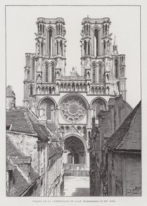 Fasade til Laon katedral, tidlig på 1200-tallet (litho) av French School