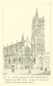 Hovedfasade av kirken Saint-Jacques-la-Boucherie på 1600-tallet, utsikt tatt fra Place du Cloitre, portal av Nicolas Flamel av French School