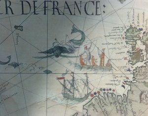 Facsmile of Whaling and Isle of Saint Brandon, detalj fra et portolan-kart av Pierre Desceliers, 1546, publisert i Monuments de la Geographie av Edme Francois Jomard (1777-1862)
