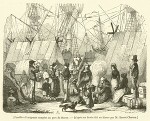 Familier av emigranter slo leir ved havnen i Le Havre (gravering) av French School