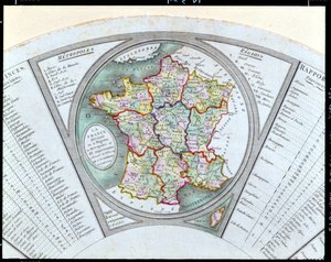 Vifte som viser kartet over Frankrike som delt inn i 9 regioner, 10 metropoler og 83 avdelinger, 1790