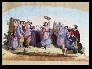 Viftedesign som viser en scene fra La Esmeralda, en opera av Louise-Angelique Bertin (1805-77) etter romanen av Victor Hugo (1802-85) ca. 1836 av French School