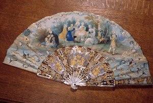 Fan som representerer en countrysmak. En gruppe edle piknik i en park. Chantilly fra 1700-tallet, Conde museum av French School