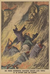 Fanatiske buddhistiske munker som brenner templet sitt og kaster seg inn i flammene på øya Formosa (farge litho) av French School