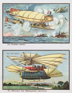 Fantasiskildringer av et luftslag og av et fly for godstransport i år 2000, ca. 1910 av French School