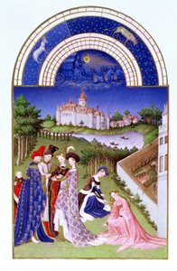 Faksimile av april: høviske skikkelser på slottsområdet av Limbourg-brødrene, fra Tres Riches Heures du Duc de Berry (for original se 8436) av French School