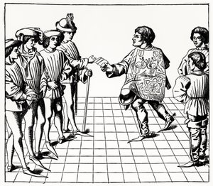 Fashion and Manner of the King of Arms, fra Tournois du roy Rene, illustrasjon fra Science and Literature in the Middle Ages and Renaissance, skrevet og gravert av Paul Lacroix, 1878 (gravin av French School