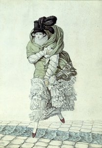 Moteplate som viser en dame som krysser en kloakkbekk, 1811 (fargegravering) av French School