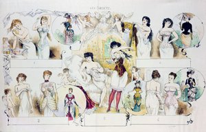 Moteplate for La Vie Parisienne som viser korsetter, ca. 1870 (fargegravering) av French School