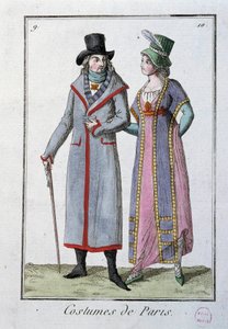 Mote under Directoire: et par elegante parisere. Anonym litografi av 1795. Paris, draktmuseum av French School