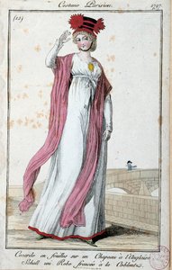 Mote under Directoire: elegant ung kvinne iført parisisk dress: cocarde i laken på engelsk hatt, kjole rynket med coblentz. Anonym gravering. 1797 Paris, Musee du costume av French School