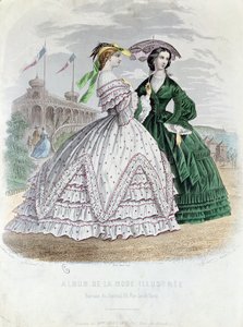 Fasjonable parisiske damer ved havet, 1861 (fargegravering) av French School