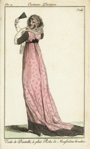 Fasjonabel kvinne i blondeslør, damask muslinkjole av French School