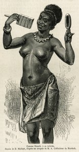 Femme Okanda har toalettet sitt, tegnet av D.Maillard, for å illustrere historien om en tur til Gabon og elven Ogoue, i 1875-1877, av Alfred Marche. Gravering i Le tour du monde av French School