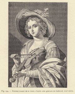 Kvinne som spiller fiol, etter en gravering av Leblond, 1600-tallet (gravering) av French School