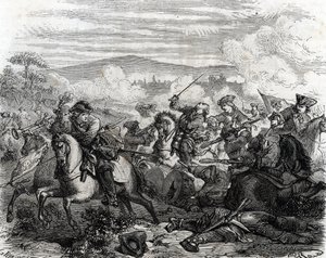 Ferdinand de Marsin dødelig såret i slaget ved Torino 1706 (gravering) av French School