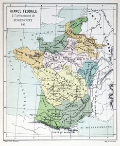 Føydale Frankrike på tidspunktet for tiltredelsen av Hugues Capet i 987, kart illustrert i en Histoire de France ca. 1880