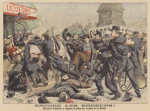 Kamp mellom apacher og politiet på Place de la Bastille i Paris (fargelitografi) av French School