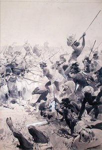 Kamp mellom zuluer og engelske soldater, ca. 1878 (akvarell på papir) av French School