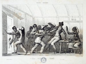 En ung hvit kvinne slåss på en taverna i Vestindia og blir bortført av ranere. Gravering av 1800-tallet. Chartres, Museum of Fine Arts av French School