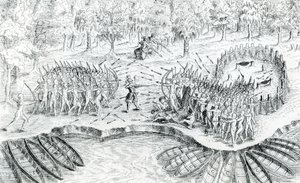 Fighting of Hurons, fra Voyage de Champlain i 1624 av Samuel de Champlain, 1567-1635 av French School