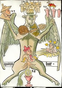 Figur som symboliserer evangelisten Saint Luke: en okse forbinder med byen Jeriko (eller Jerusalem), en drueklase, en profet, den siste doms Kristus dukker opp med stjerner og solstråler, et portrett av en jøde, en kalk . Gravering fra «Ars av French School