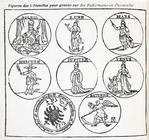 Figurer av de 7 planetene som skal graveres på Talismanene i Aracelse av French School