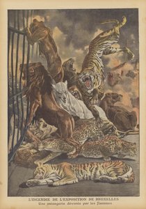 Brann på den internasjonale utstillingen i Brussel i 1910 (farge litho) av French School
