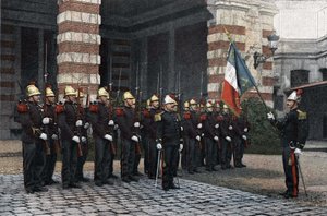 Brannmenn i Paris. Hilsen til flagget. i ""Militær albumscene av livet til soldaten, brannmenn i Paris"" 1892. av French School