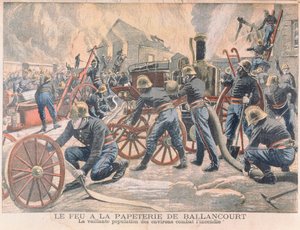 Brannmenn som bekjemper en brann ved en papirfabrikk i Ballancourt, fra Le Petit Journal, 1905 av French School