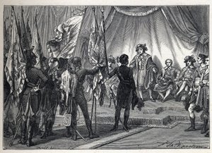Første koalisjon: Joachim Murat (1767-1815) presenterer for hovedstyret flaggene erobret av den franske hæren, kommandert av Napoleon Bonaparte, under den italienske kampanjen. Gravering fra 1889. Privat samling. av French School