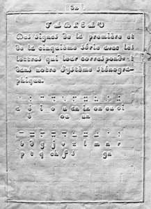 Første side av Metode for å skrive med prikker for bruk av blinde av Louis Braille av French School