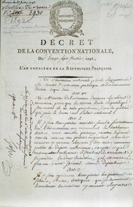Første side av hemmeligheten til den nasjonale konvensjonen av 27.07.1793 som etablerte Palais du Louvre som et museum av French School