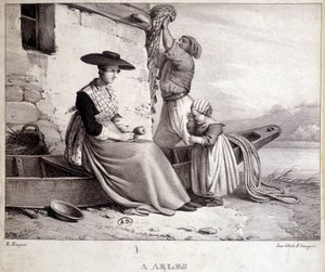 Fisherman, hans kone i regional drakt og deres barn i Arles av French School