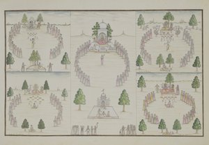 Fem hinduiske kulter: Shiva, Krishna, Vishnu, Brahma og Mother Goddess fra The Gentil Album, utgitt i 1774 av French School