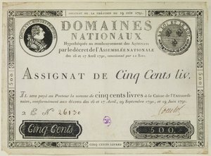 Fem hundre livres seddel, 19. juni 1791 av French School