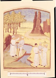 Fem personer som diskuterer hagedesign, fra Livre des Prouffitz Champestres av Pietro de Crescenzi (1230-132021) av French School