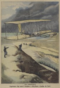 Fly av Wright Brothers 'fly i Kitty Hawk, North Carolina (farge litho) av French School